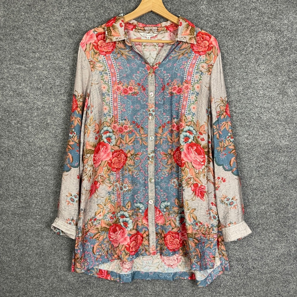 John Mark Floral Button Down Shirt Womens Medium Blue Red Excellent Boho Tunic